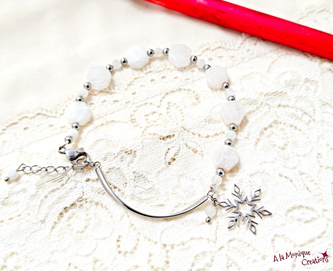 Bratara cu jad piatra lunii si fulg de zapada - bijuterii - brățări - brățări din pietre semiprețioase - Artynos.ro