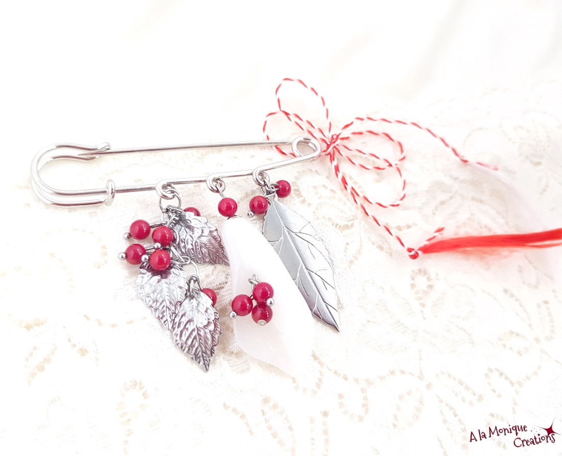 Brosa cu coral rosu si jad alb - bijuterii - broșe - Artynos.ro