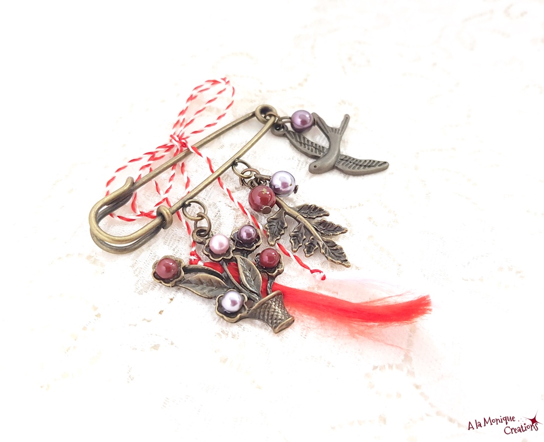 Brosa cu cos cu flori roz mov bordo - bijuterii - mărțișor - Artynos.ro