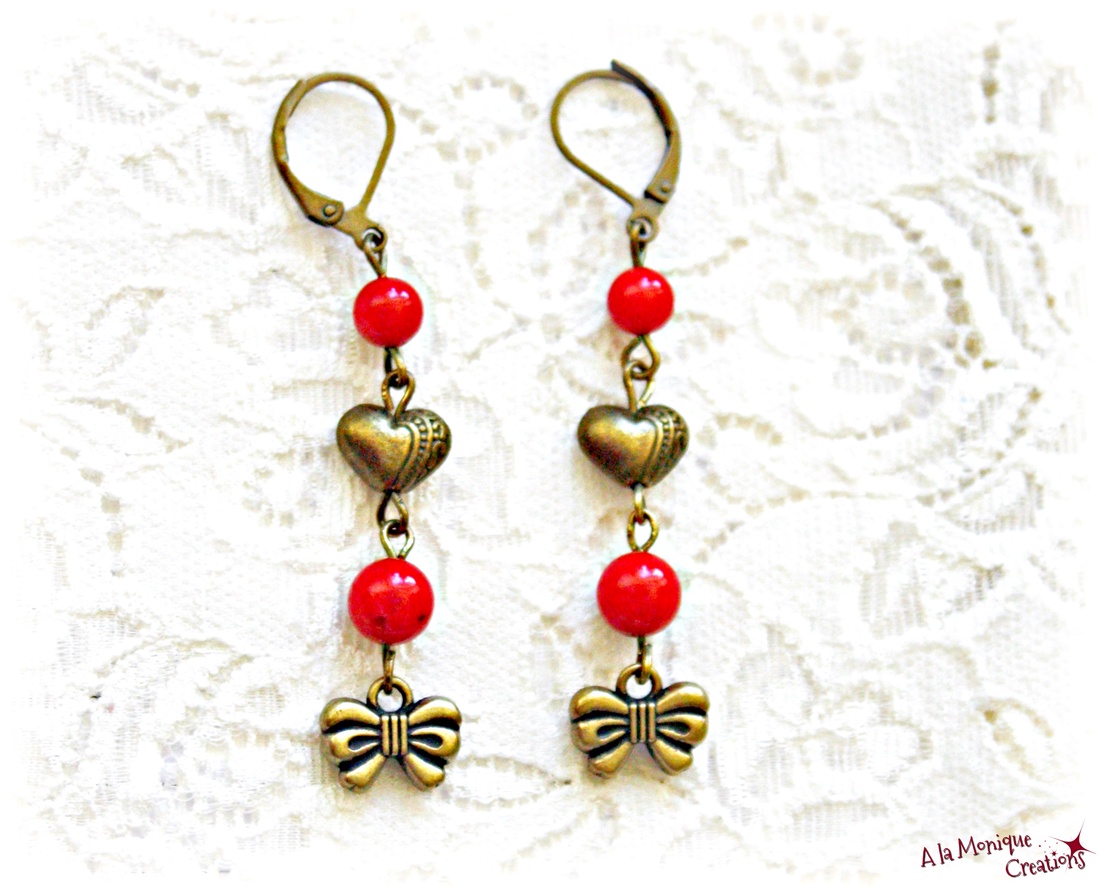 Cercei cu coral rosu si inimioare - bijuterii - cercei - cercei din pietre semiprețioase - Artynos.ro