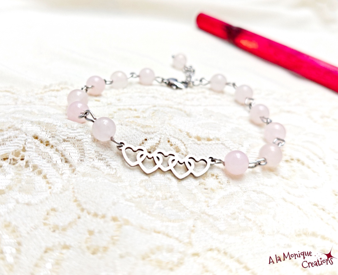 Bratara cu inimioare si cuart - bijuterii - brățări - brățări din pietre semiprețioase - Artynos.ro