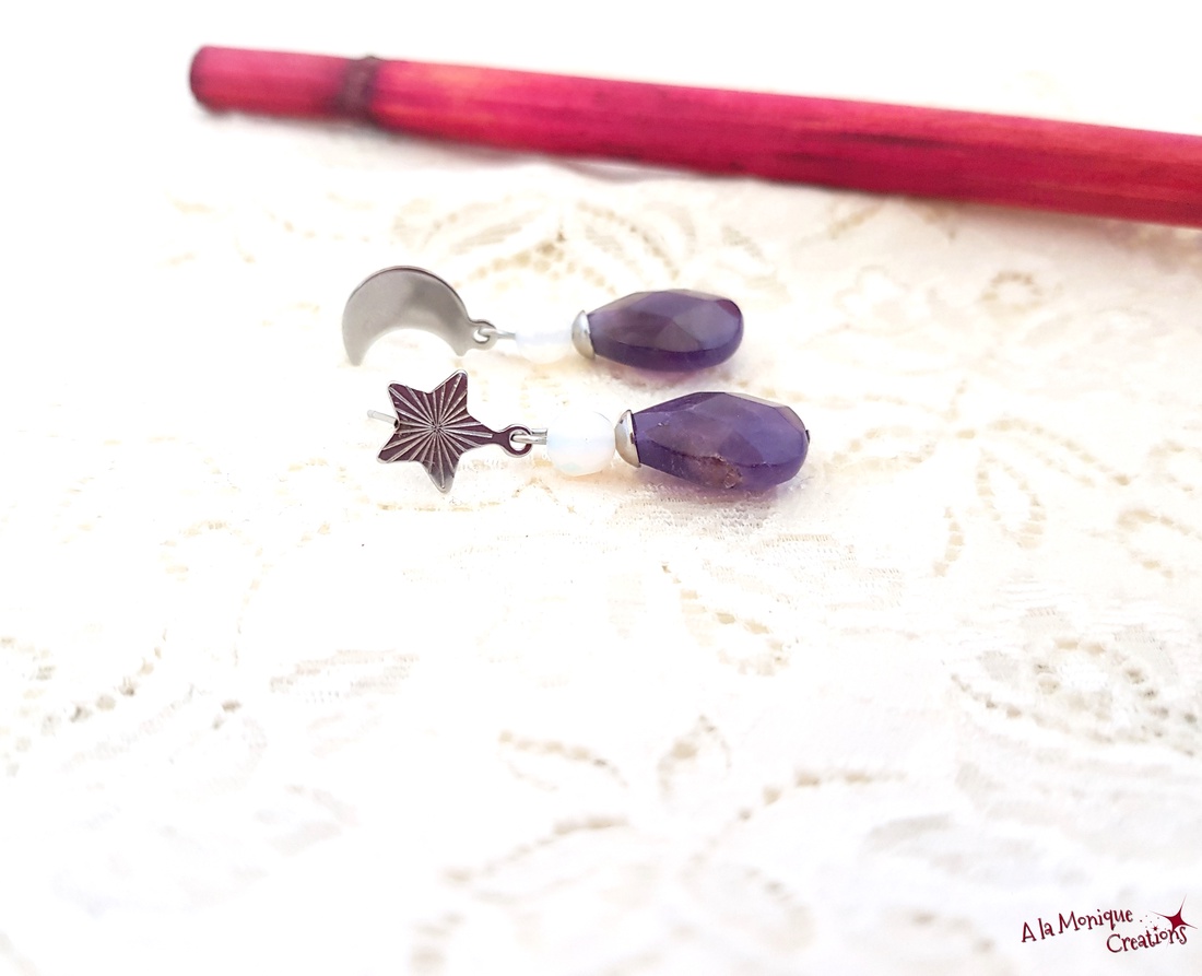 Cercei cu ametist opalit luna si steluta - bijuterii - cercei - cercei din pietre semiprețioase - Artynos.ro