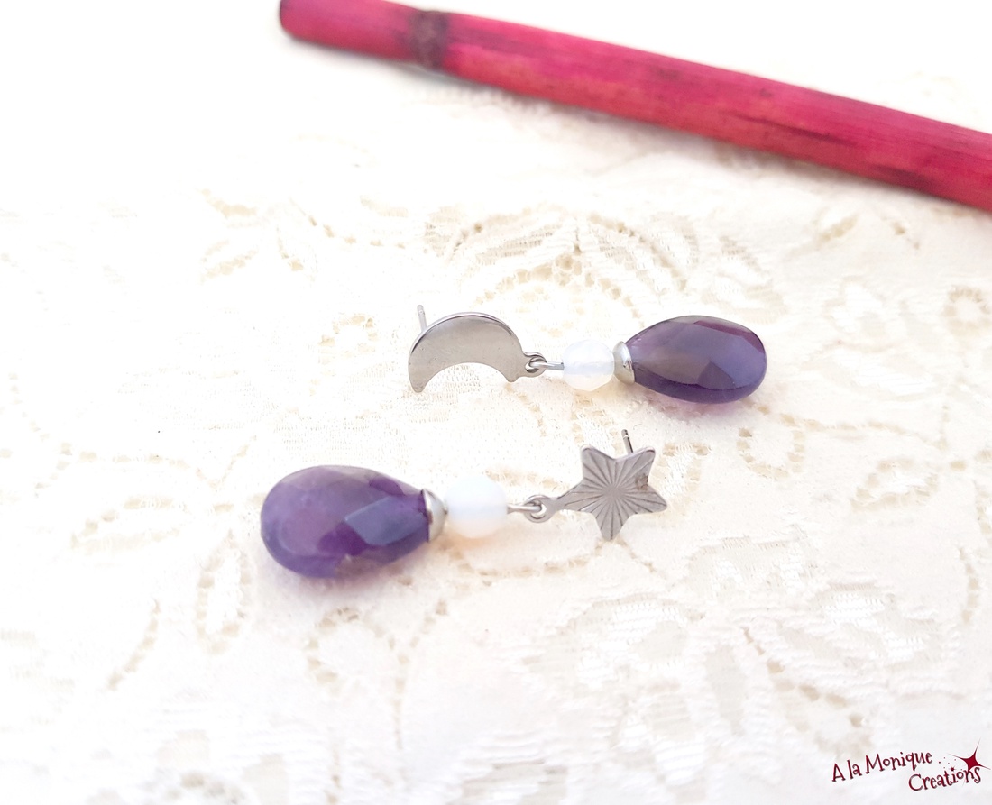 Cercei cu ametist opalit luna si steluta - bijuterii - cercei - cercei din pietre semiprețioase - Artynos.ro