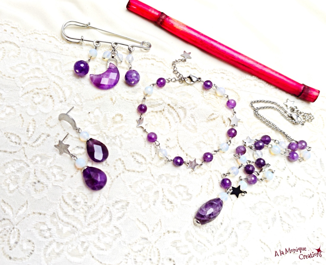 Cercei cu ametist opalit luna si steluta - bijuterii - cercei - cercei din pietre semiprețioase - Artynos.ro