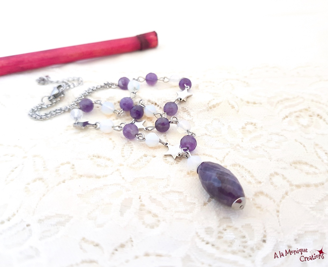 Colier cu ametist opalit si stelute - bijuterii - coliere - coliere din pietre semiprețioase - Artynos.ro