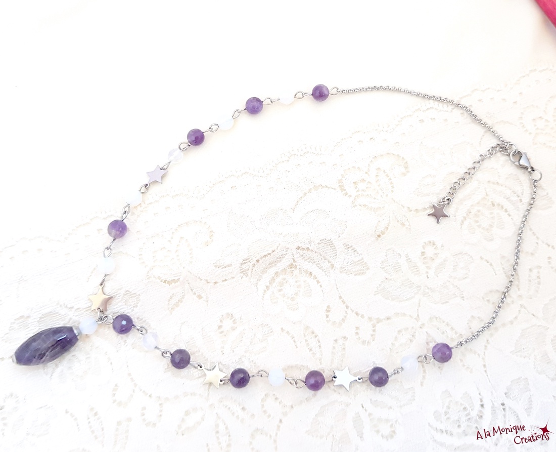 Colier cu ametist opalit si stelute - bijuterii - coliere - coliere din pietre semiprețioase - Artynos.ro