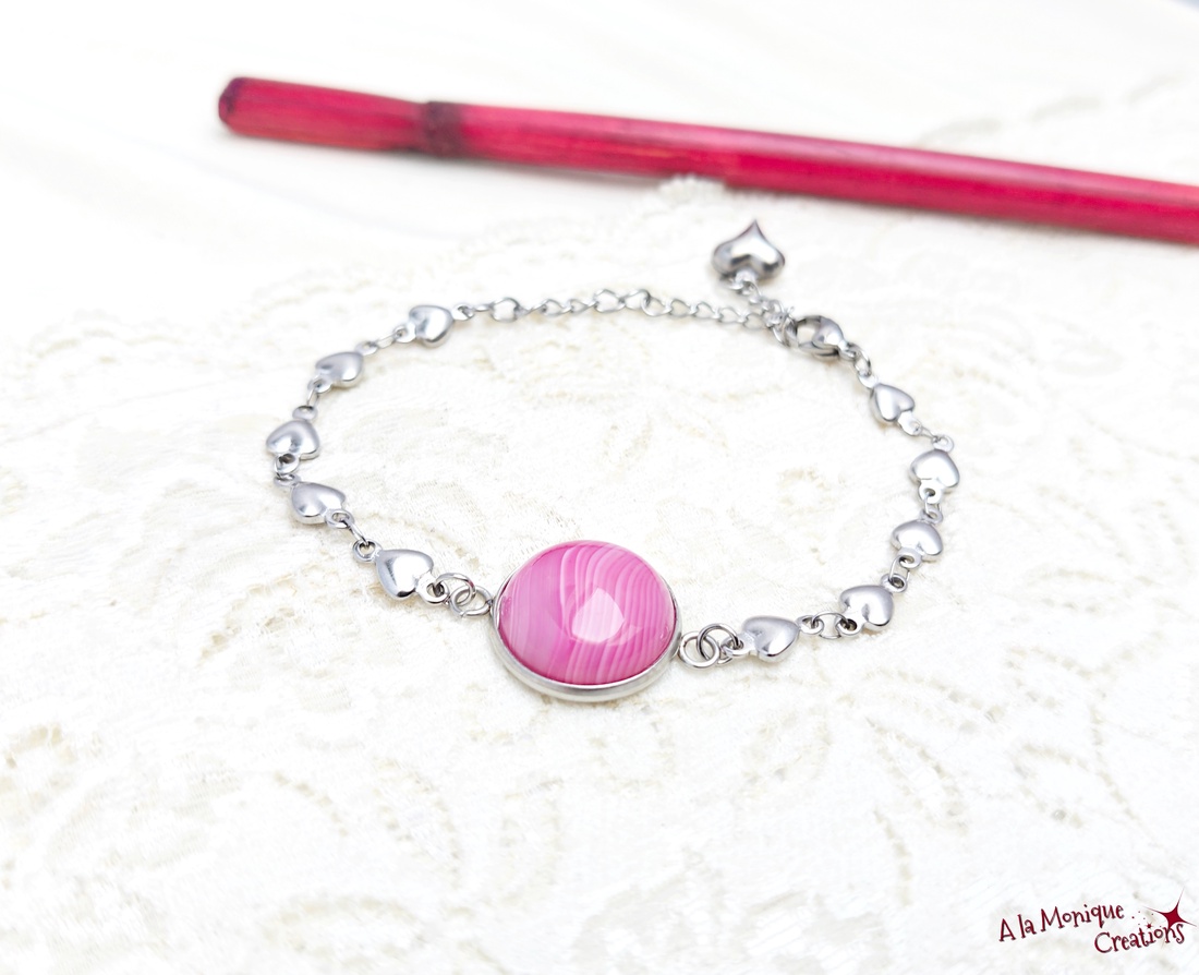 Bratara cu inimioare si agat roz  - bijuterii - brățări - brățări din pietre semiprețioase - Artynos.ro