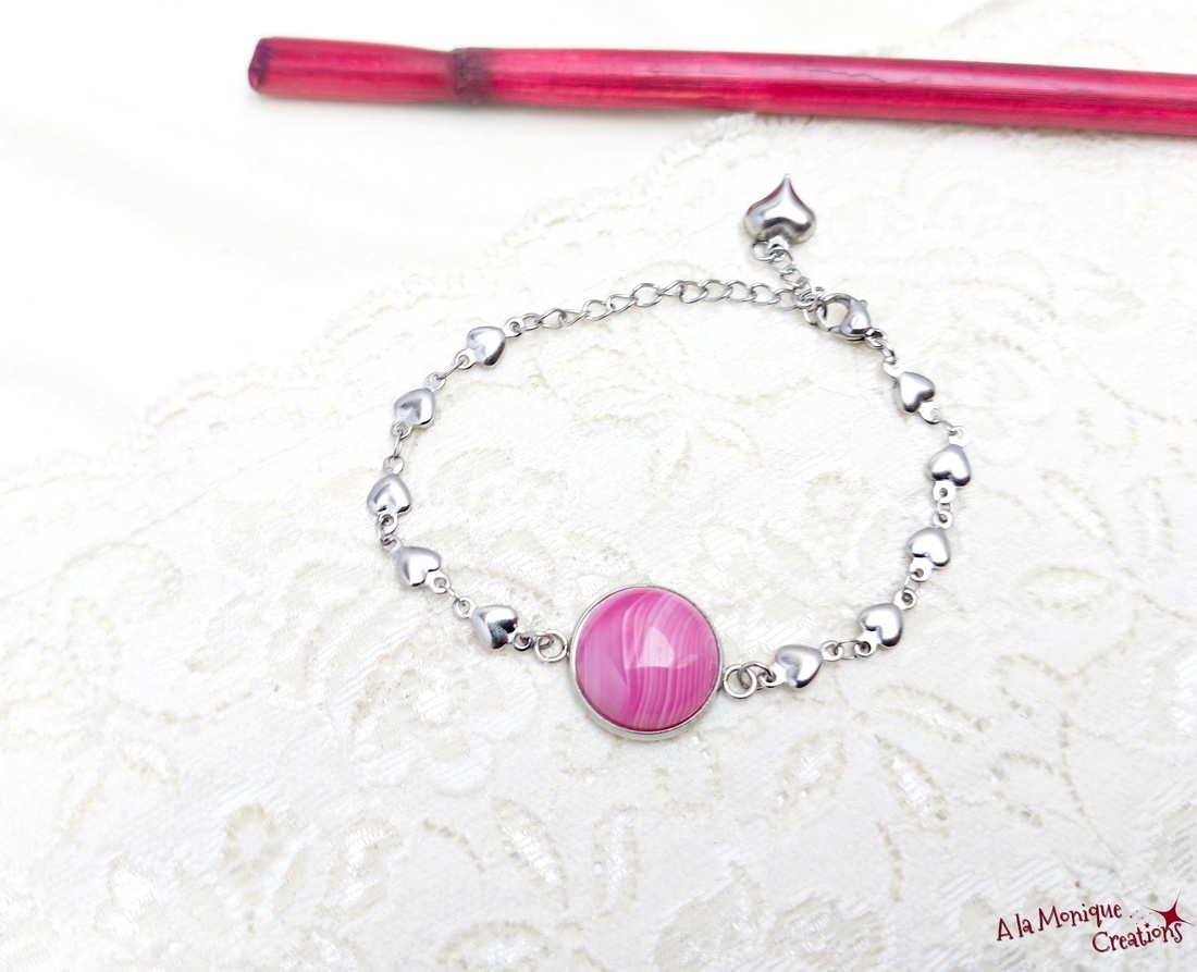 Bratara cu inimioare si agat roz  - bijuterii - brățări - brățări din pietre semiprețioase - Artynos.ro