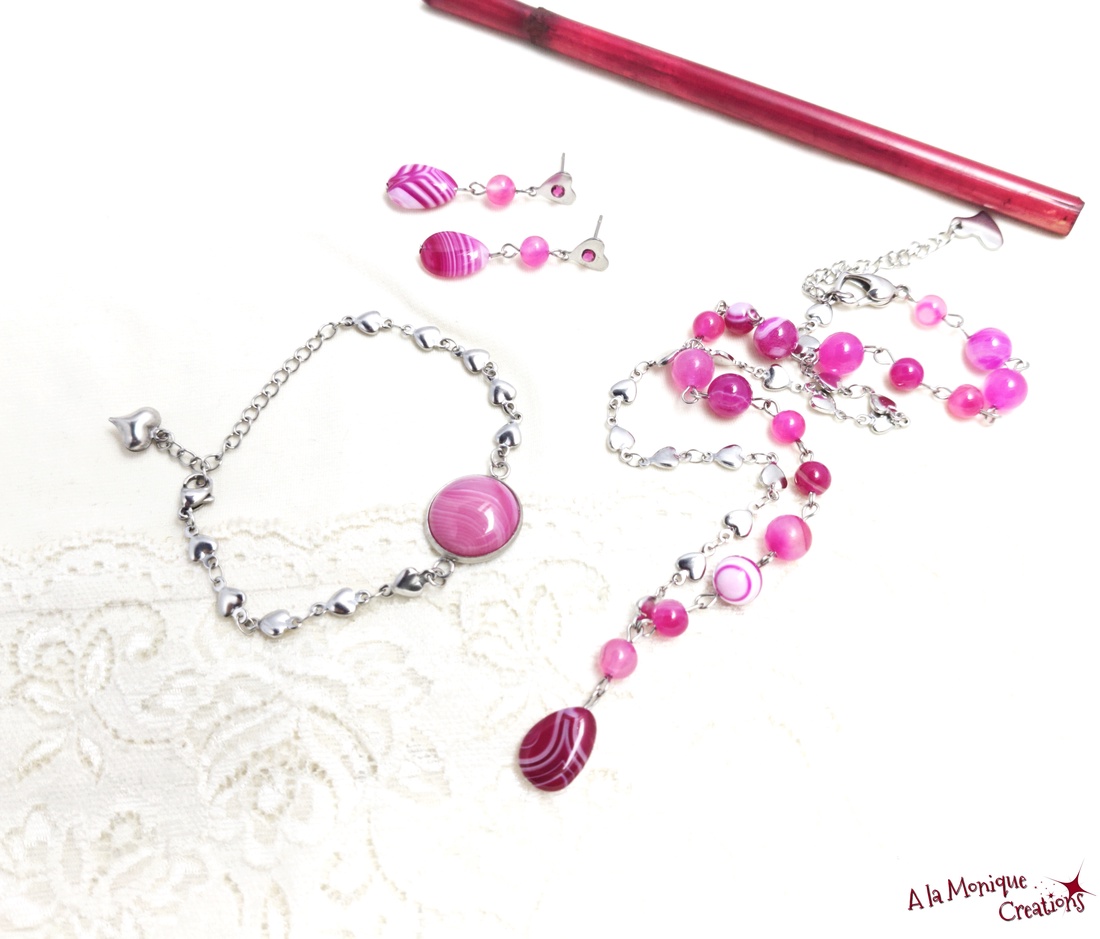 Bratara cu inimioare si agat roz  - bijuterii - brățări - brățări din pietre semiprețioase - Artynos.ro