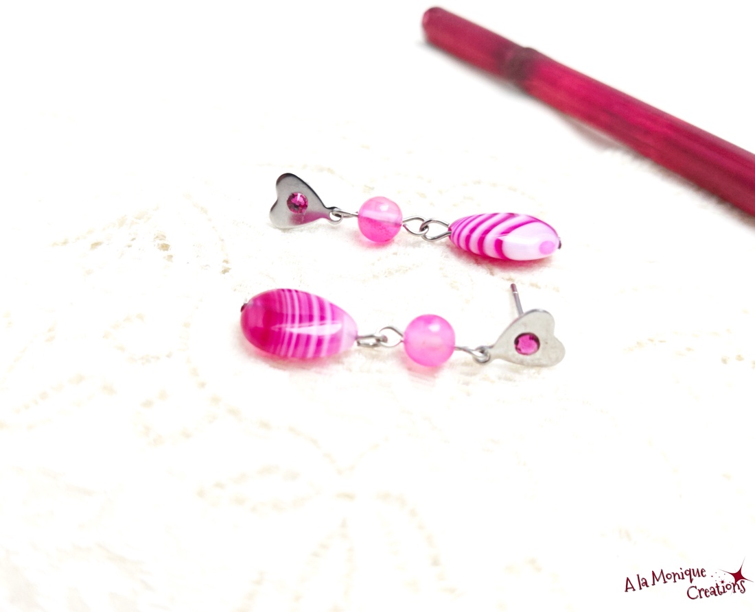 Cercei cu inimioare si agat roz - bijuterii - cercei - cercei din pietre semiprețioase - Artynos.ro