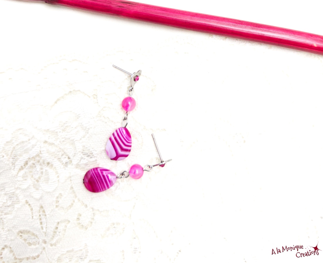 Cercei cu inimioare si agat roz - bijuterii - cercei - cercei din pietre semiprețioase - Artynos.ro