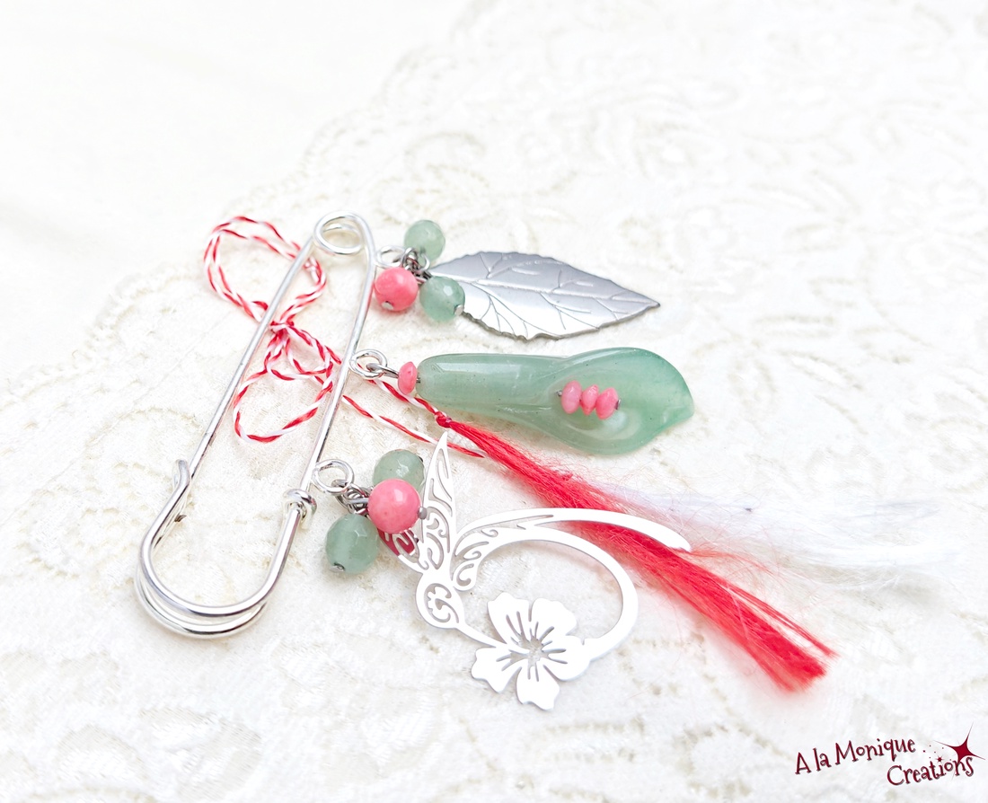 Brosa cu coral si aventurin - bijuterii - mărțișor - Artynos.ro