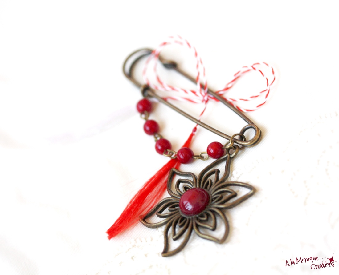 Brosa cu floare si coral rosu - bijuterii - mărțișor - Artynos.ro