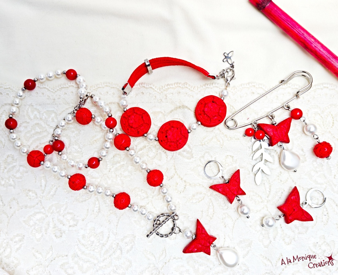 Cercei cu cinabru si perle albe - bijuterii - mărțișor - Artynos.ro