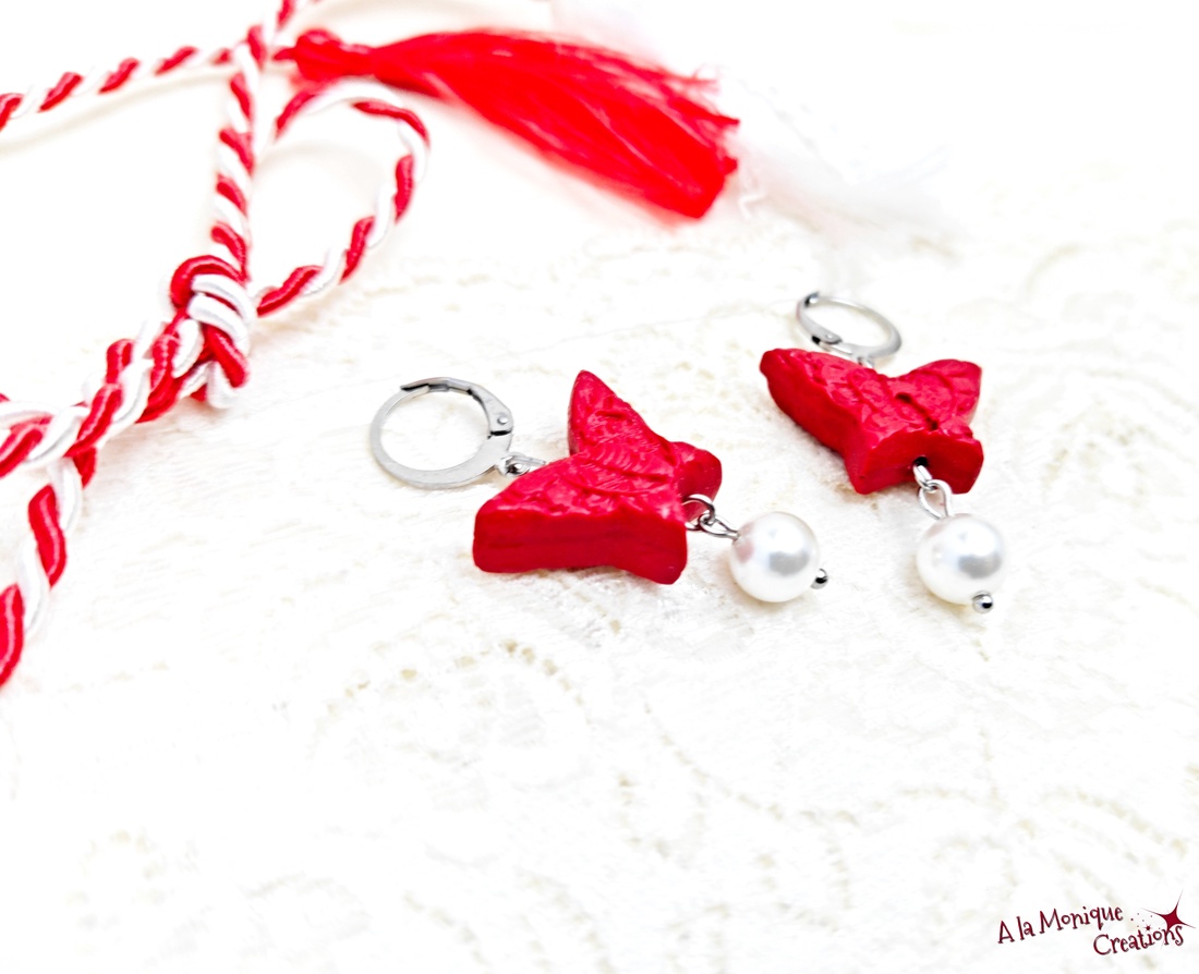 Cercei cu cinabru si perle albe - bijuterii - mărțișor - Artynos.ro