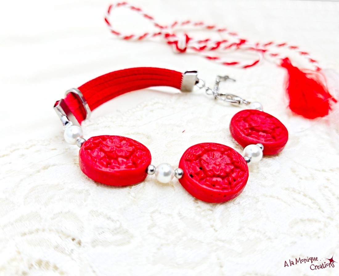 Bratara cu cinabru si perle albe - bijuterii - mărțișor - Artynos.ro