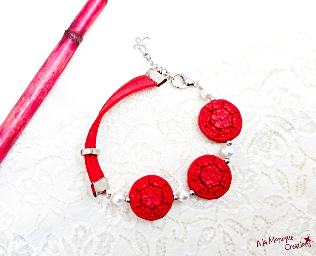 Bratara cu cinabru si perle albe - bijuterii - mărțișor - Artynos.ro