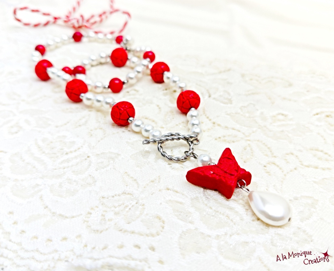 Colier cu cinabru si perle albe - bijuterii - mărțișor - Artynos.ro