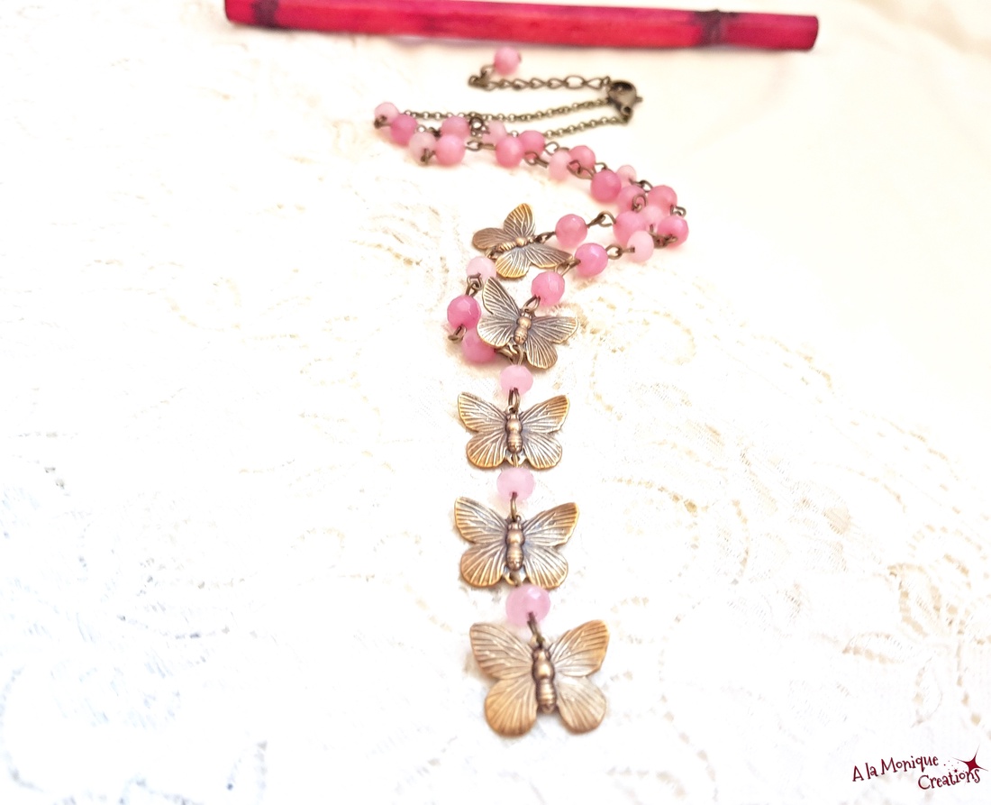Colier cu fluturasi si agate roz - bijuterii - coliere - coliere din pietre semiprețioase - Artynos.ro