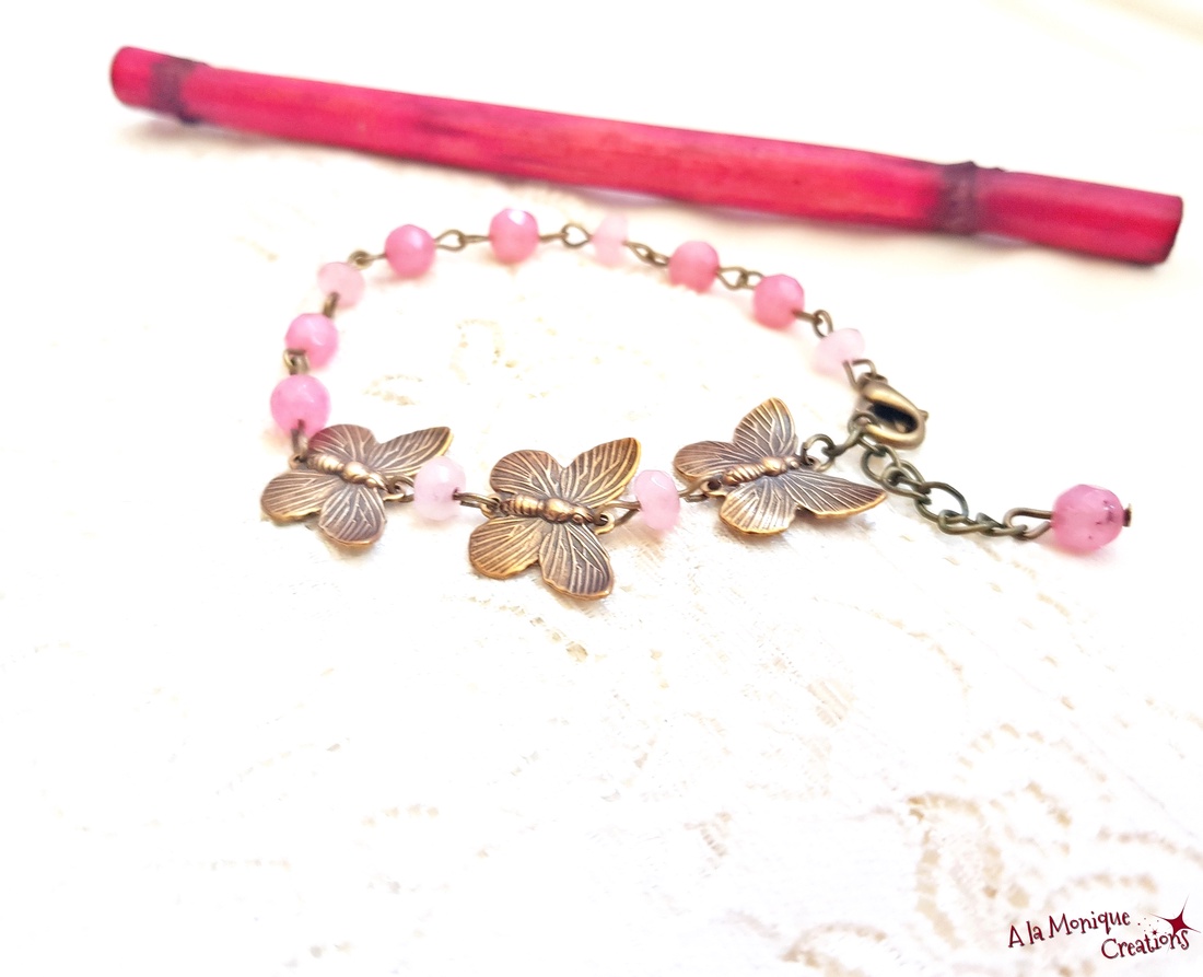 Bratara cu fluturasi si agate roz - bijuterii - brățări - brățări din pietre semiprețioase - Artynos.ro
