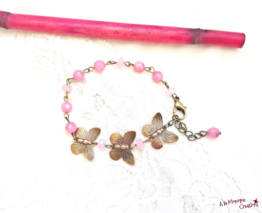 Bratara cu fluturasi si agate roz - bijuterii - brățări - brățări din pietre semiprețioase - Artynos.ro