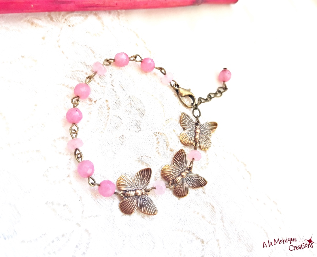 Bratara cu fluturasi si agate roz - bijuterii - brățări - brățări din pietre semiprețioase - Artynos.ro