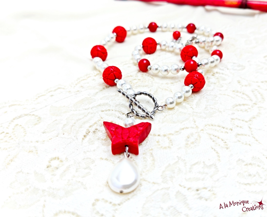Colier cu cinabru si perle albe - bijuterii - coliere - coliere cu pandative - Artynos.ro