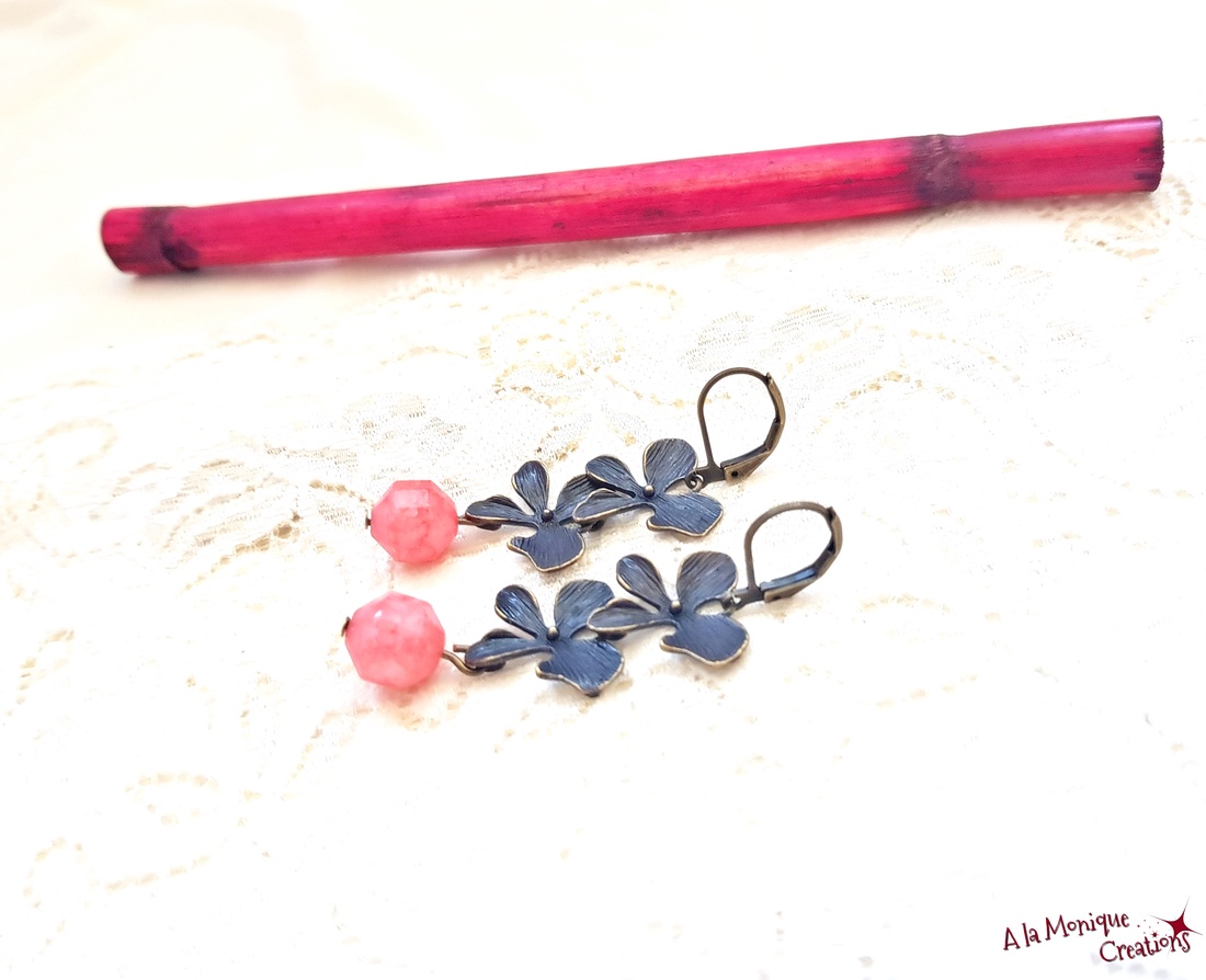 Cercei cu flori si rodocrozit - bijuterii - cercei - cercei din pietre semiprețioase - Artynos.ro