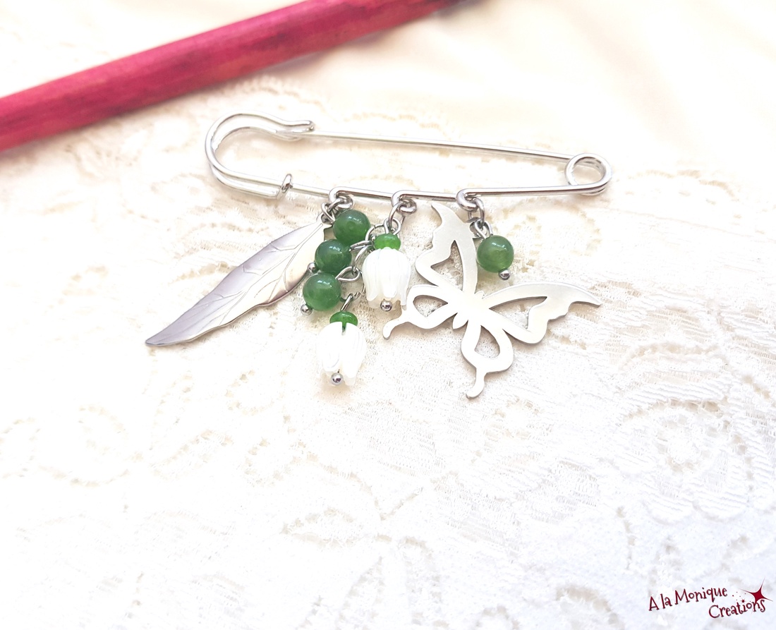 Brosa cu sidef alb si jad verde - bijuterii - broșe - Artynos.ro