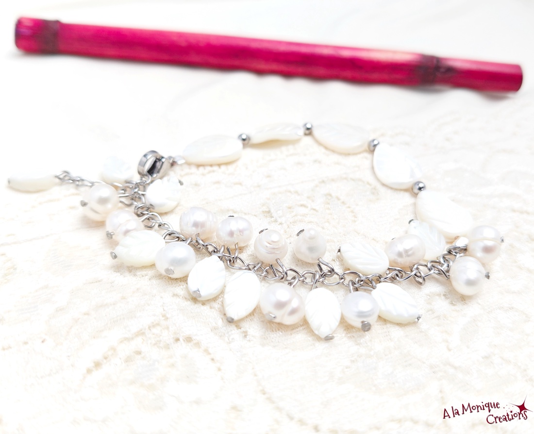 Bratara cu perle si frunze de sidef - bijuterii - brățări - brățări din pietre semiprețioase - Artynos.ro