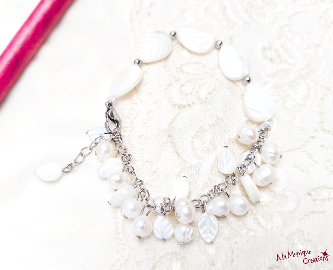 Bratara cu perle si frunze de sidef - bijuterii - brățări - brățări din pietre semiprețioase - Artynos.ro