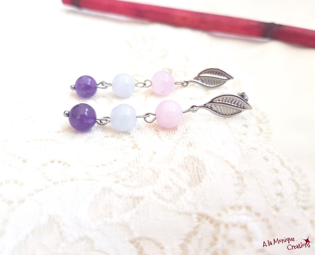 Cercei cu pietre roz mov si frunzulite - bijuterii - cercei - cercei din pietre semiprețioase - Artynos.ro