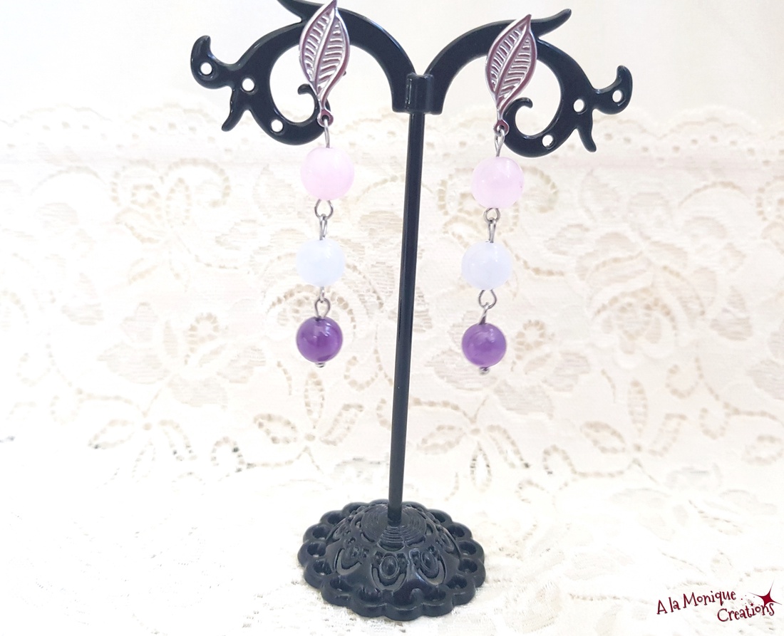 Cercei cu pietre roz mov si frunzulite - bijuterii - cercei - cercei din pietre semiprețioase - Artynos.ro