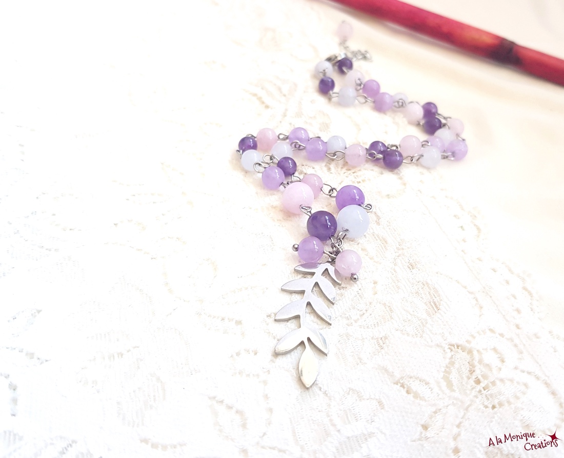 Colier cu pietre roz mov si frunzulita - bijuterii - coliere - coliere cu pandative - Artynos.ro