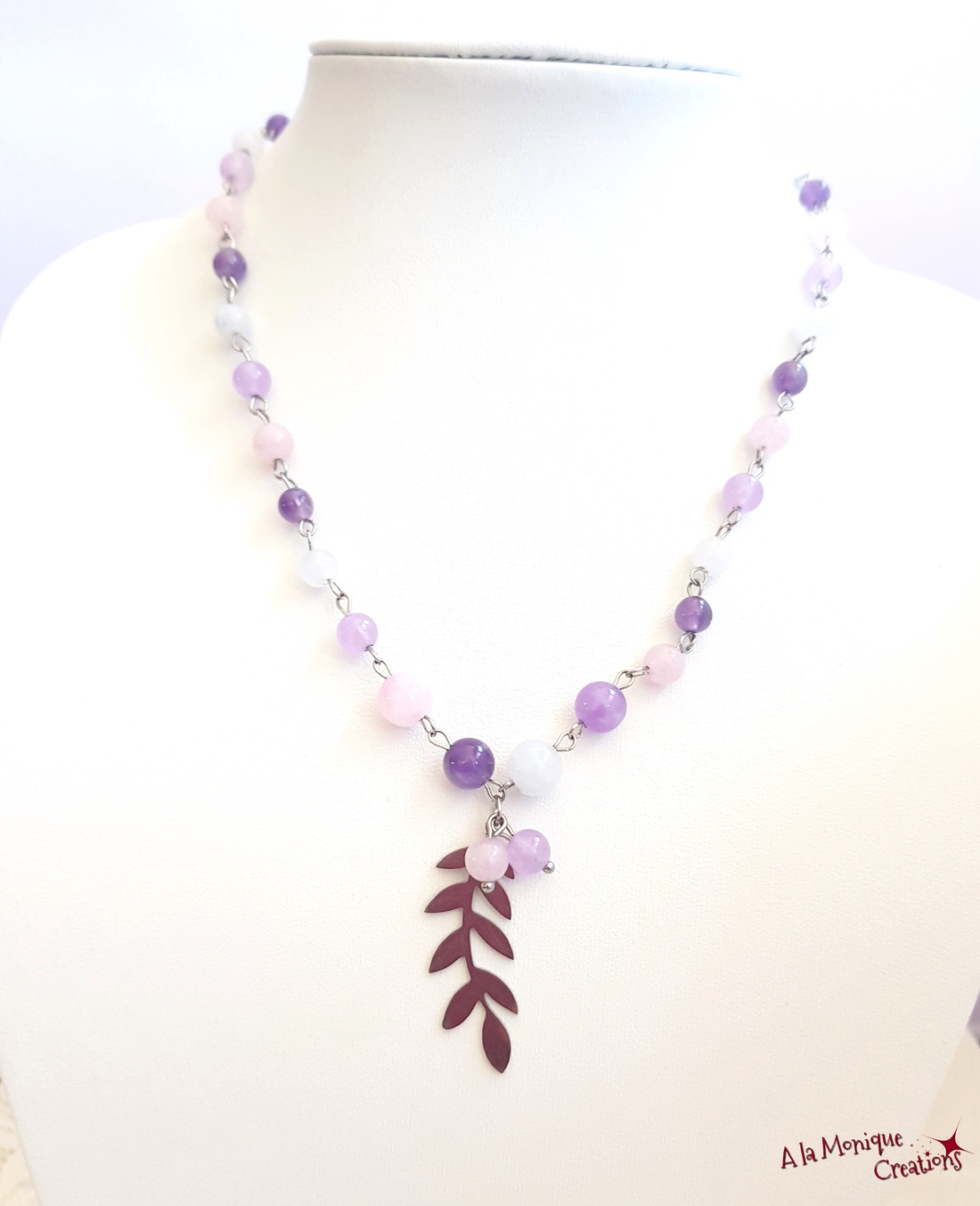 Colier cu pietre roz mov si frunzulita - bijuterii - coliere - coliere cu pandative - Artynos.ro
