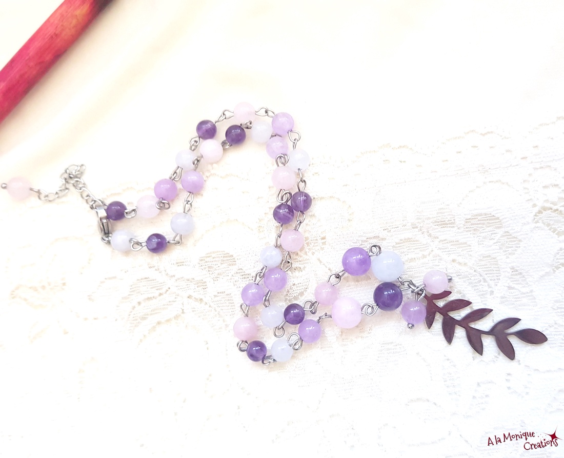 Colier cu pietre roz mov si frunzulita - bijuterii - coliere - coliere cu pandative - Artynos.ro