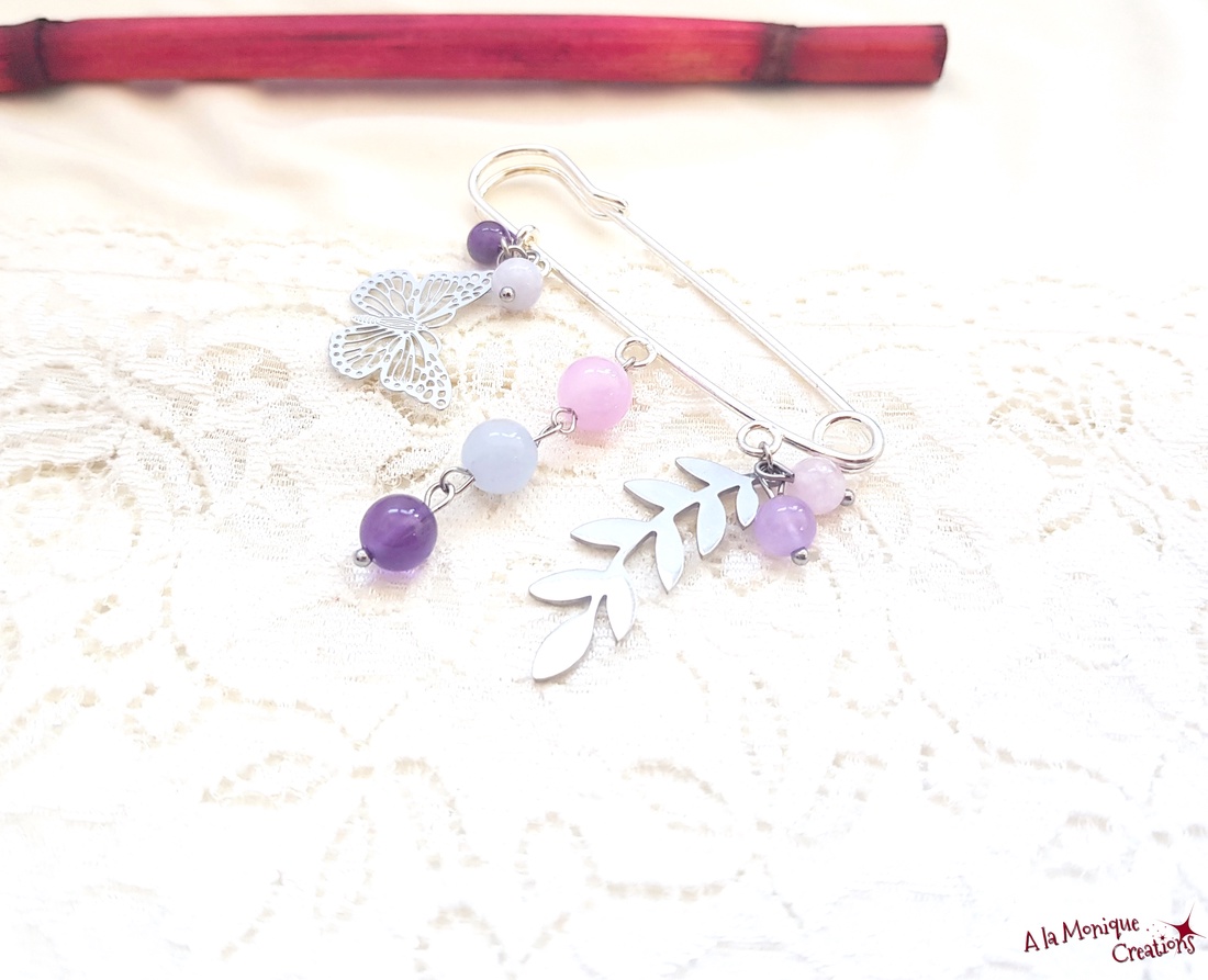 Brosa cu pietre roz mov si frunzulita - bijuterii - broșe - Artynos.ro