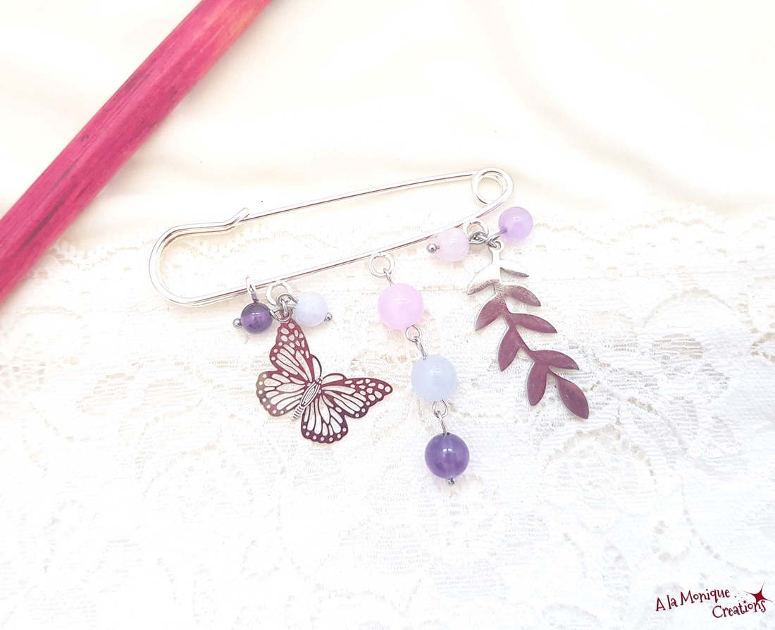 Brosa cu pietre roz mov si frunzulita - bijuterii - broșe - Artynos.ro