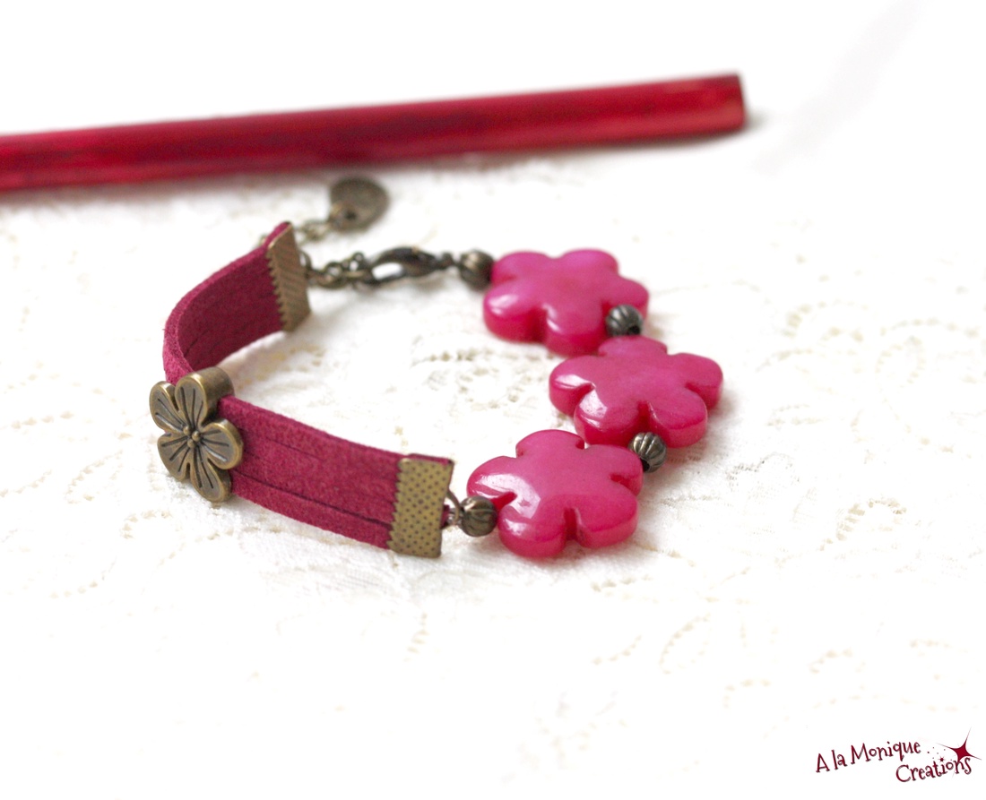 Bratara cu flori de jad roz - bijuterii - brățări - brățări din pietre semiprețioase - Artynos.ro