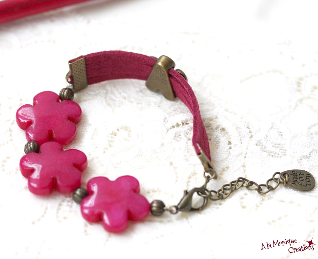 Bratara cu flori de jad roz - bijuterii - brățări - brățări din pietre semiprețioase - Artynos.ro