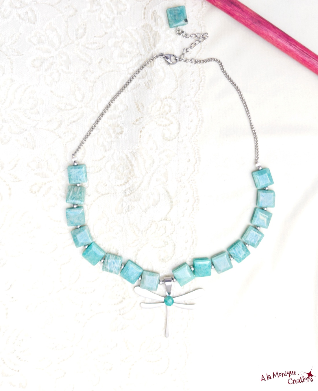 Colier cu libelula si amazonit - bijuterii - coliere - coliere cu pandative - Artynos.ro