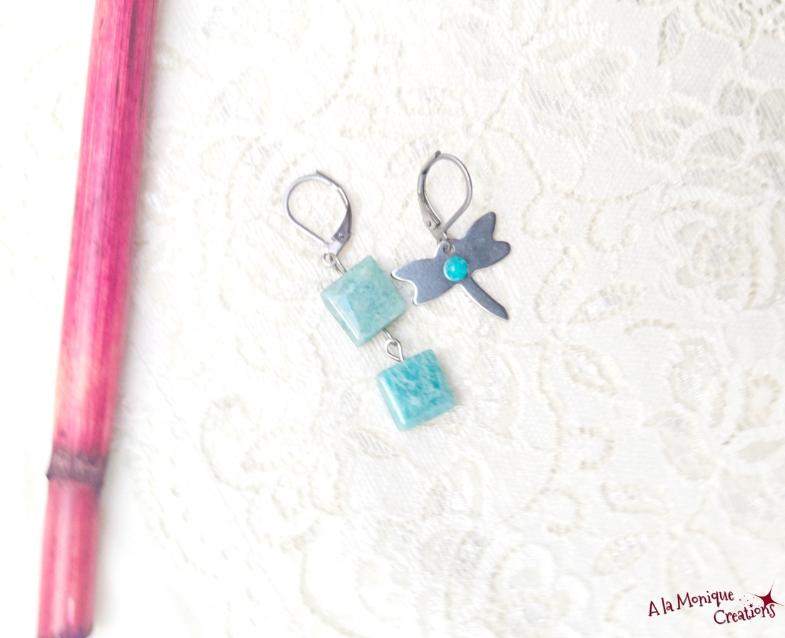 Cercei cu libelula si amazonit - bijuterii - cercei - cercei din pietre semiprețioase - Artynos.ro