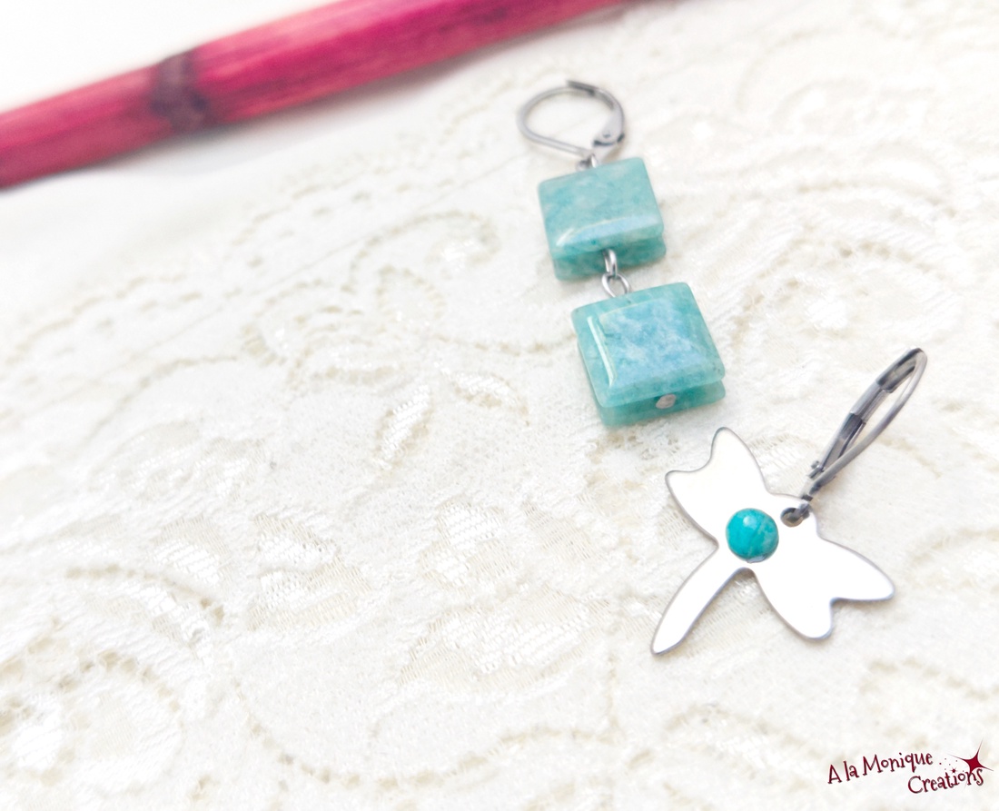 Cercei cu libelula si amazonit - bijuterii - cercei - cercei din pietre semiprețioase - Artynos.ro