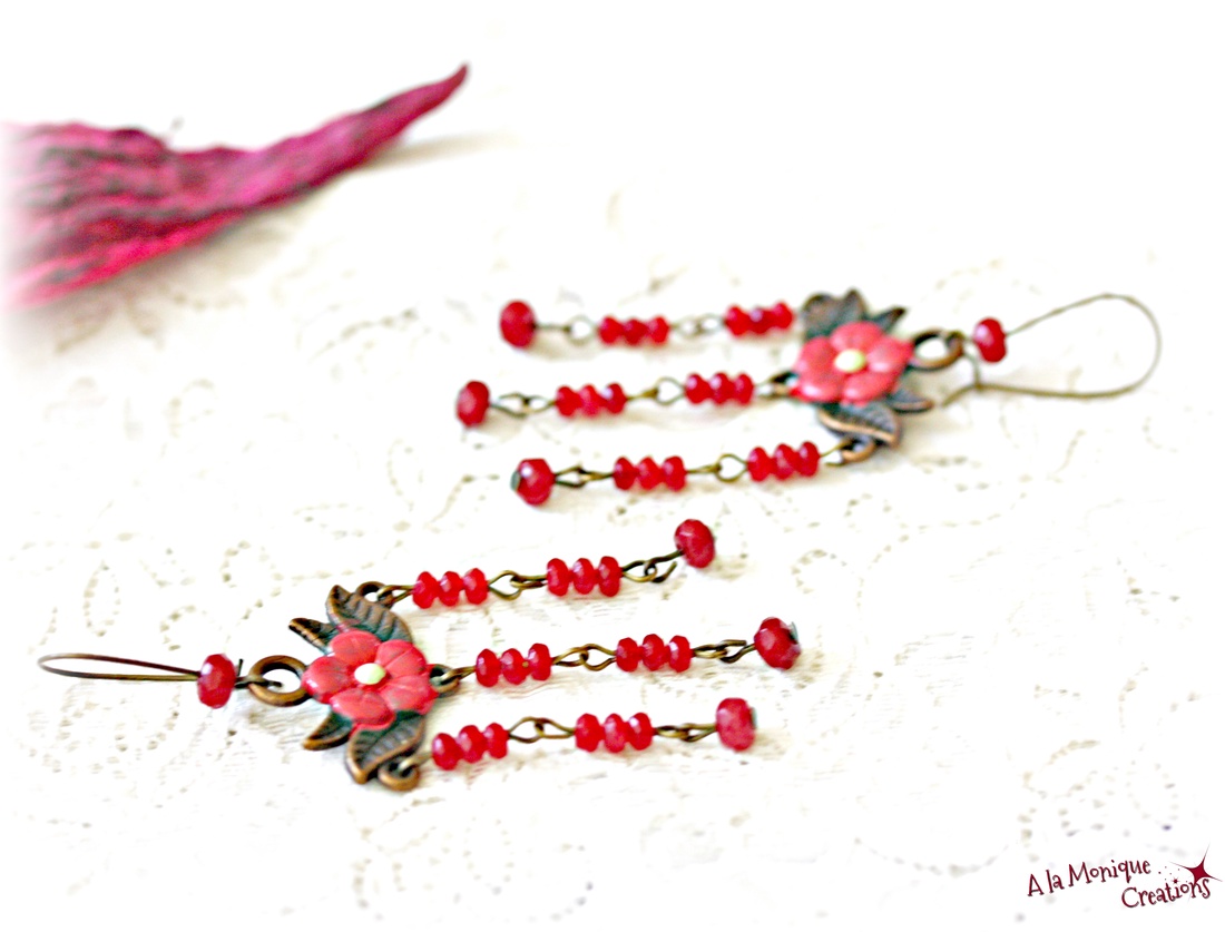 Cercei cu flori si jad corai - bijuterii - cercei - cercei din pietre semiprețioase - Artynos.ro