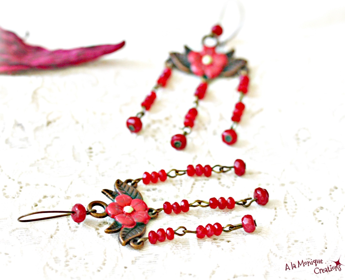 Cercei cu flori si jad corai - bijuterii - cercei - cercei din pietre semiprețioase - Artynos.ro