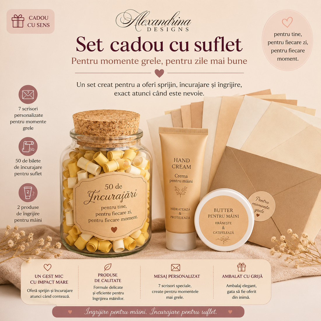 Set cadou - 7 Scrisori personalizate + borcan 50 mesaje + 2 produse de îngrijire mâini  - igienă și înfrumusețare - pachete cosmetice cadou - Artynos.ro