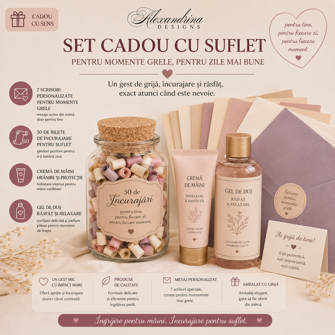 Set cadou - set scrisori personalizate+ borcan 50 bilete+ gel dush + creme de mâini  - igienă și înfrumusețare - pachete cosmetice cadou - Artynos.ro