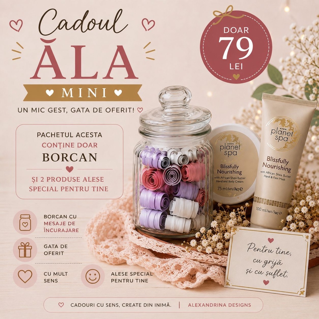 Borcan cu mesaje de încurajare+2 minicadouri cu sens - igienă și înfrumusețare - pachete cosmetice cadou - Artynos.ro
