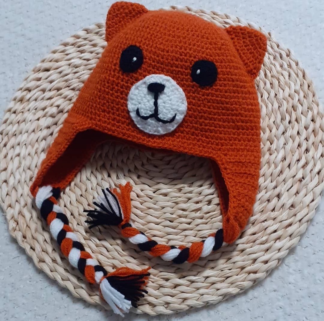 Căciuliță croșetată vulpiță  pentru copii 6 luni2 ani, culoare maro cărămiziu, fir acrilic moale - îmbrăcăminte și modă - eșarfe, pălării, fularuri - căciulă - Artynos.ro