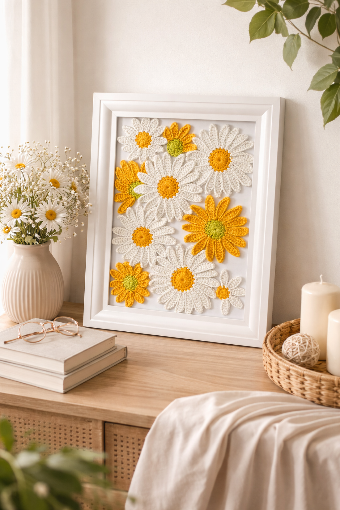 genul: Tablou handmade cu flori croșetate � decor de primăvară - accesorii nuntă - materiale decor pentru nuntă - tablouri și indicatoare nuntă - Artynos.ro